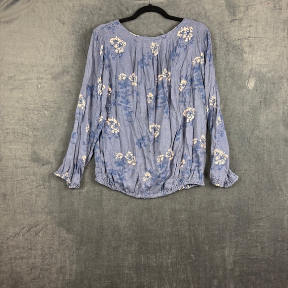 Lucky Brand Textured Button-up Blue Pleated 3/4 gathered Sleeve blouse Sz Lg - Picture 5 of 10